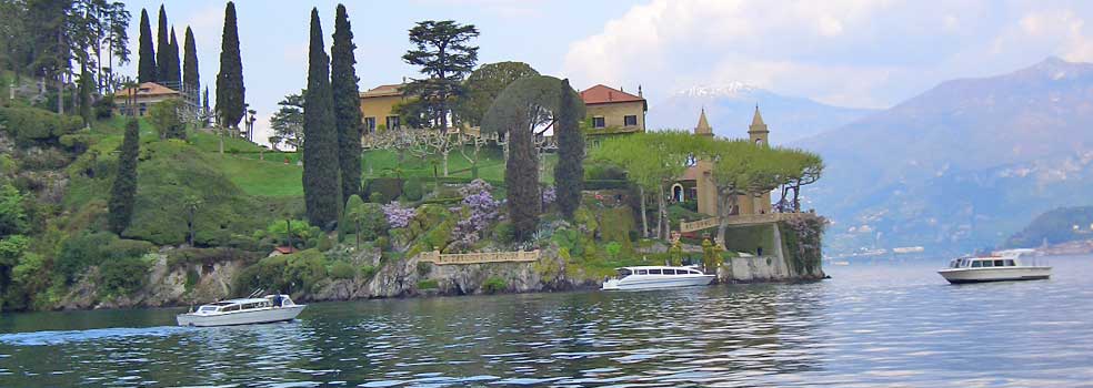 Garden park of Villa Balbianello with ancient trees.